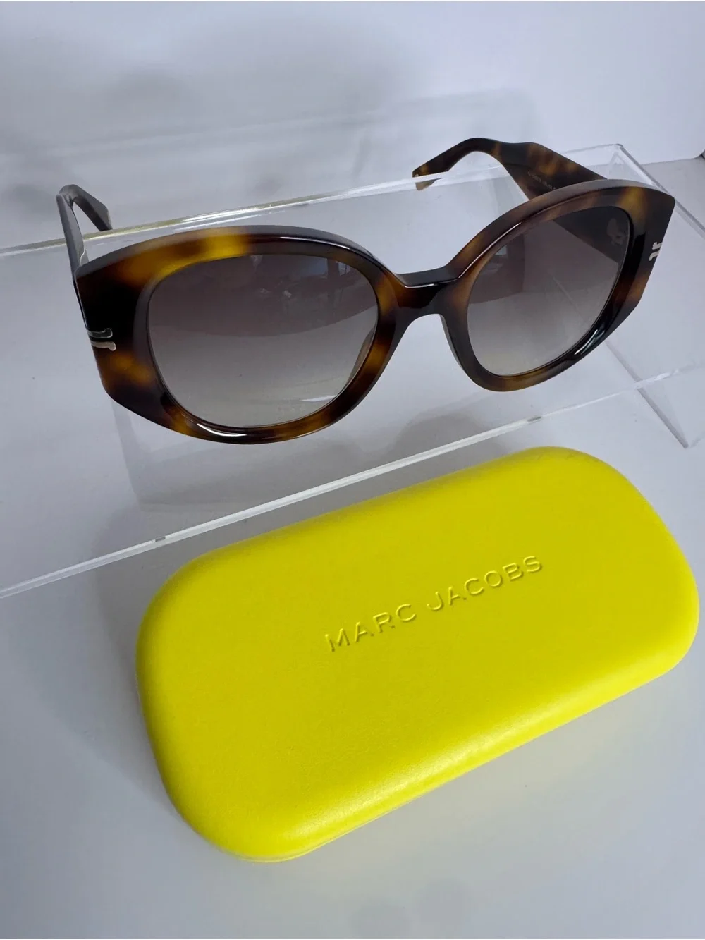 Marc Jacobs Tortoiseshell Brown Oval Sunglasses with Yellow-Trim Case